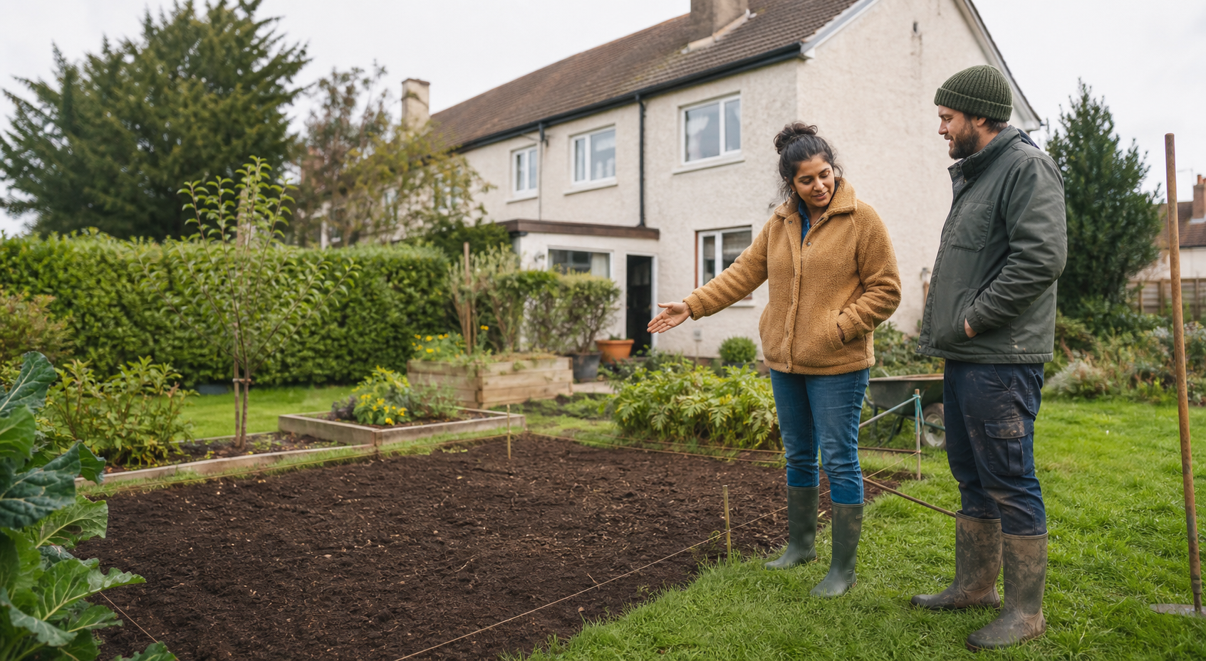 Two adults discussing a vegetable plot in an Irish suburban garden